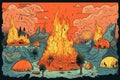 Volcanoes, flood, fire on planet earth, generative ai