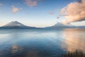 Volcanoes on the lake Atitlan in Guatemala at sunrise