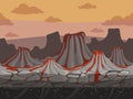 Volcanoes seamless game background. Rockie ground with stones prehistoric outdoor vector landscape in cartoon style