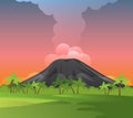 Volcanoes with smoke, green grass and palms.