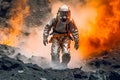 Scientist in fire protective suit in a lava landscape exploring volcano activities.AI generated