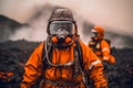 Volcanologists walking in a burning hot lava landscape.AI generated