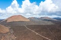 Volcanos in Timanfaya National Park on Lanzarote island aerial view on Canary Islands in Spain