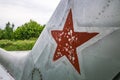 Volchansk, Ukraine - 18 June 2020: Close up of tail with red soviet star of old aircrafts