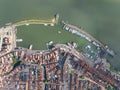Volendam, Netherlands. Top down overview of traditional dutch fishing village city traditional buildings and harbor Royalty Free Stock Photo