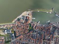 Volendam, Netherlands. Top down overview of traditional dutch fishing village city traditional buildings and harbor Royalty Free Stock Photo