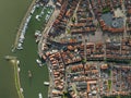 Volendam, Netherlands. Top down overview of traditional dutch fishing village city traditional buildings and harbor Royalty Free Stock Photo