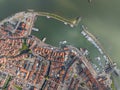 Volendam, Netherlands. Top down overview of traditional dutch fishing village city traditional buildings and harbor Royalty Free Stock Photo