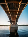 Volga bridge and embankment over Volga river at sunset, Yaroslavl region, Rybinsk city, Russia. Beautiful landscape Royalty Free Stock Photo