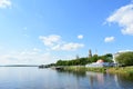 Volga river. On the banks of the river, the city of Kostroma. Restaurant. Berths. River port. The cathedral. Church. Nature