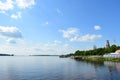 Volga river. On the banks of the river, the city of Kostroma. Restaurant. Berths. River port. The cathedral. Church. Nature