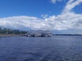 Volga river embankment with harbour in Kostroma, Russia