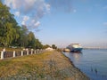 Volga river embankment with harbour and ahip in Kostroma, Russia