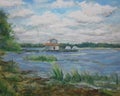 Volga river pier in Samara, summer day, oil painting