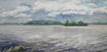 Volga river, rain in summer, oil painting