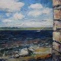 Volga river in Samara, summer day, oil painting