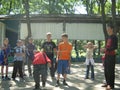 Volgograd region, Russia, summer camp, teenagers competition. Exercise flexibility.