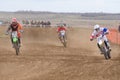 Volgograd, Russia - April 19, 2015: Three riders on the track, at the stage of the Open Championship Motorcycle Cross Country Cup