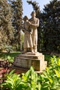 Volgograd, Russia - August 26, 2019: Sculptures of scientists by astronomers in the garden near the building of the Volgograd