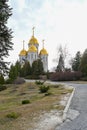 View of The Church of All Saints  in Mamayev Hill War Memorial in Volgograd. Russian orthodox theme Royalty Free Stock Photo