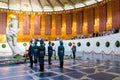 Volgograd, Russia - May 26, 2019: Change of soldiers guard in Hall of Military Glory. In centre of hall is sculpture of hand