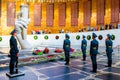 Volgograd, Russia - May 26, 2019: Change of soldiers guard in Hall of Military Glory. In centre of hall is sculpture of hand