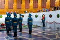 Volgograd, Russia - May 26, 2019: Change of soldiers guard in Hall of Military Glory. In centre of hall is sculpture of hand
