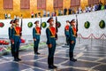 Volgograd, Russia - May 26, 2019: Change of soldiers guard in Hall of Military Glory. In centre of hall is sculpture of hand