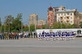 Women in uniform with drums marching Square of Fallen Fighters during dress rehearsal of the military parade in Volgograd Royalty Free Stock Photo