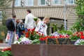 Girl laying flowers to the eternal flame on the Square of the Fallen Fighters in Volgograd