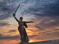 Volgograd, Russia - May, 4, 2019. Mamayev Kurgan. View of the statue Motherland and Soldier at sunset. Volgograd.