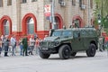 An armored car `Tiger` GAZ-233014 on the square during a dress rehearsal of a military parade in honor of Victory Day in Volgog