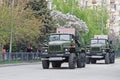 Soviet Multiple Rocket Launchers BM-21 on dress rehearsal of the military parade in honor of Victory day in Volgograd