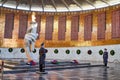 Volgograd, Russia - October 18, 2019: Hall of Military Glory in Memorial complex Mamayev Kurgan. Sculpture of hand holding torch