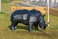 Volgograd. Russia-October 1, 2020. Metal figure of a rhinoceros in the Razdolye park on the territory of the Museum of the History