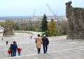 VOLGOGRAD, RUSSIA. People descend to the square `Stand to the death!`past the wall-ruins. Mamaev Kurgan