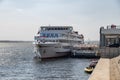 Passenger ship Alexander Suvorov moored at the pier of the Central embankment of Volgograd opposite the river port