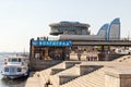 View of the building of the Volgograd river port and jetties wit