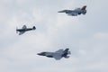 Volkel Netherlands June 13 2019: Royal Netherlands Air Force F-35, F-16 and Spitfire in formation at the Luchtmachtdagen airshow