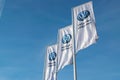 Volkswagen flags logo in the commercial vehicle showroom.