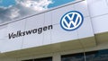 Volkswagen logo on the modern building facade. Editorial 3D rendering