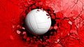 Volleyball ball breaking forcibly through a red wall. 3d illustration. Royalty Free Stock Photo