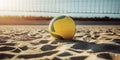 Volleyball ball on empty volleyball court on sand of the beach outdoors