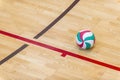 Volleyball ball on hardwood volleyball court. Team sport