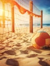 Volleyball ball near net on sand sea shore on sunset. Summer vacation concept. Created with generative Ai Royalty Free Stock Photo