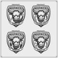 Volleyball, baseball, soccer and football logos and labels. Sport club emblems with bull. Mavericks club. Royalty Free Stock Photo