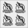 Volleyball, baseball, soccer and football logos and labels. Sport club emblems with coyote.