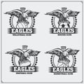 Volleyball, baseball, soccer and football logos and labels. Sport club emblems with eagle. Royalty Free Stock Photo