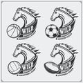 Volleyball, baseball, soccer and football logos and labels. Sport club emblems with horse. Royalty Free Stock Photo