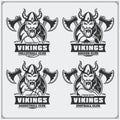 Volleyball, baseball, soccer and football logos and labels. Sport club emblems with viking.